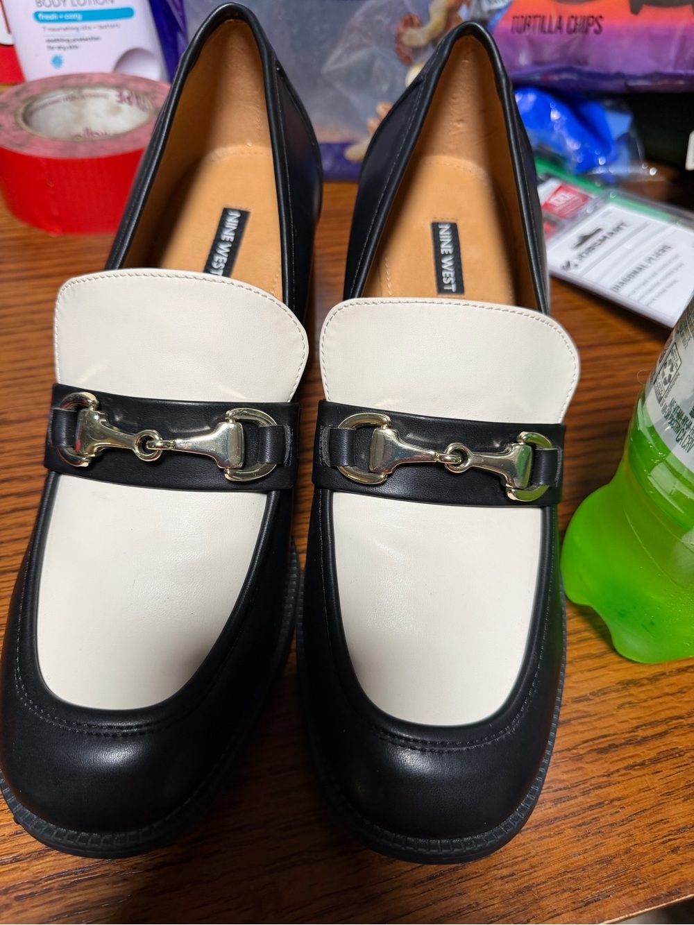 Nine West Two-Tone Black and Cream Horsebit Loafers